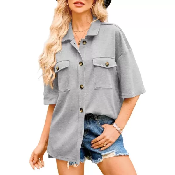 imageBTFBM Women Button Down Shirts Summer Casual Short Sleeve Side Slit High Low Hem Loose Fit Collared Shirt Blouse TopSolid Grey