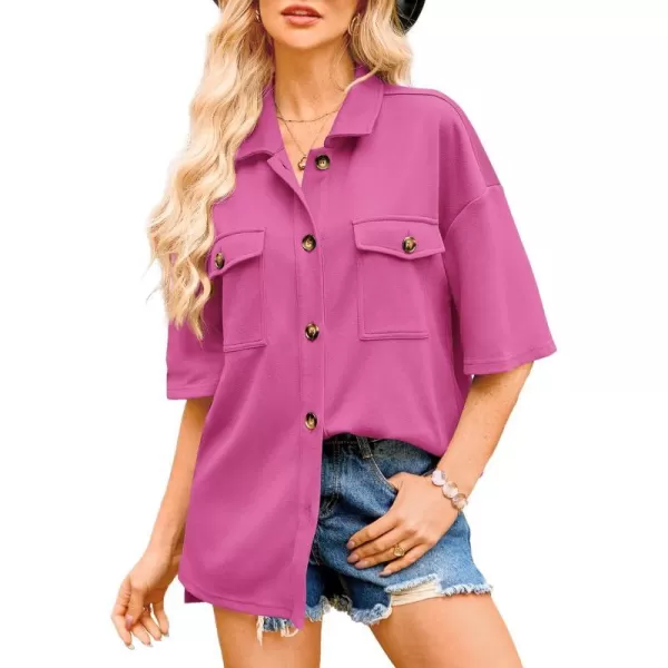 imageBTFBM Women Button Down Shirts Summer Casual Short Sleeve Side Slit High Low Hem Loose Fit Collared Shirt Blouse TopSolid Rose Pink