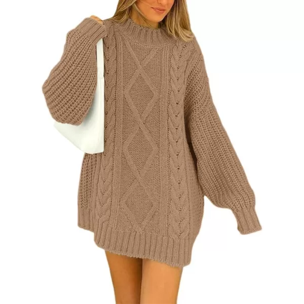 imageBTFBM Women Cable Knit Sweaters 2023 Fall Winter Crew Neck Button Shoulder Long Sleeve Chunky Long Sweater PulloverSolid Khaki
