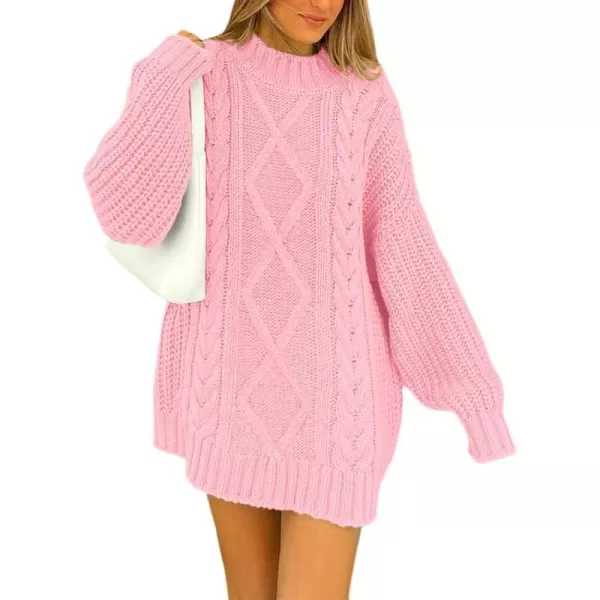 imageBTFBM Women Cable Knit Sweaters 2023 Fall Winter Crew Neck Button Shoulder Long Sleeve Chunky Long Sweater PulloverSolid Pink