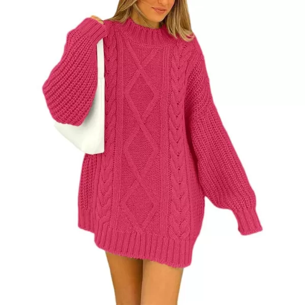 imageBTFBM Women Cable Knit Sweaters 2023 Fall Winter Crew Neck Button Shoulder Long Sleeve Chunky Long Sweater PulloverSolid Rose Red