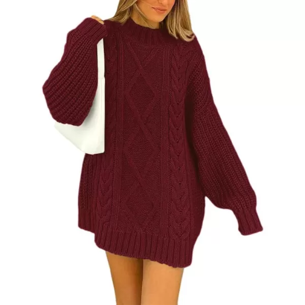 imageBTFBM Women Cable Knit Sweaters 2023 Fall Winter Crew Neck Button Shoulder Long Sleeve Chunky Long Sweater PulloverSolid Wine Red