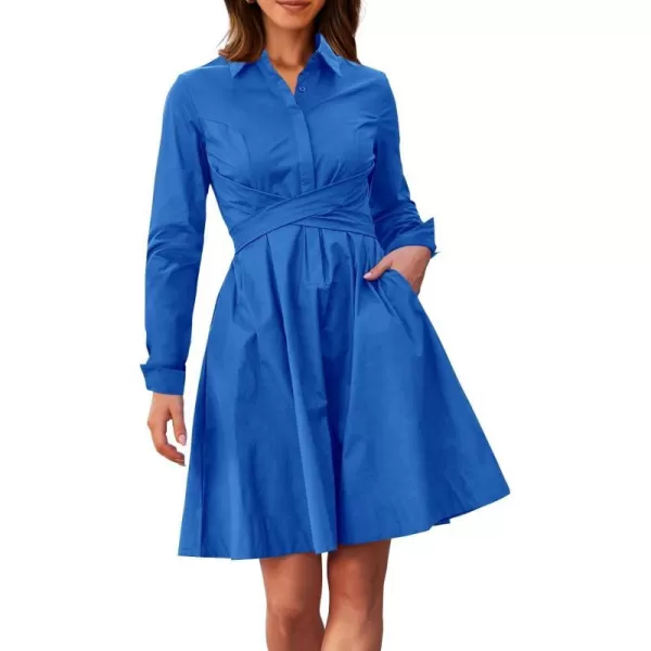imageBTFBM Women Casual 2023 Fall Dresses Button V Neck Long Sleeve Tie Waist Aline Mini Party Formal DressSolid Brilliant Blue