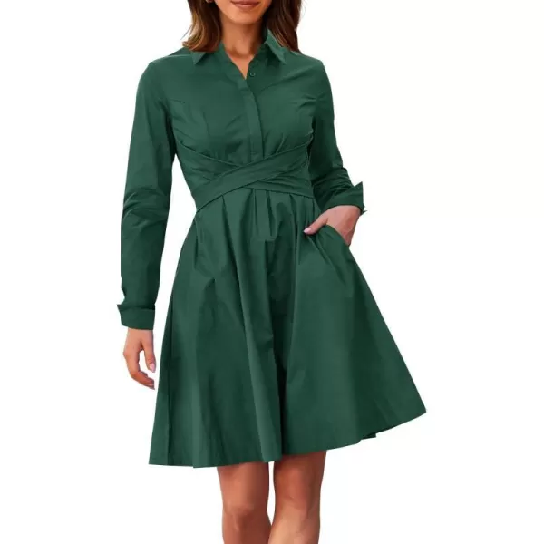 imageBTFBM Women Casual 2023 Fall Dresses Button V Neck Long Sleeve Tie Waist Aline Mini Party Formal DressSolid Dark Green