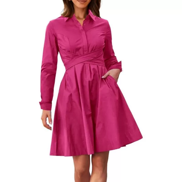 imageBTFBM Women Casual 2023 Fall Dresses Button V Neck Long Sleeve Tie Waist Aline Mini Party Formal DressSolid Rose Red