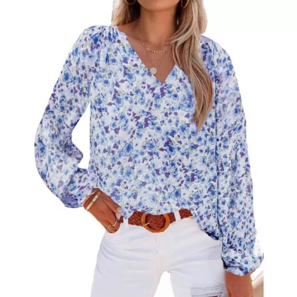 imageBTFBM Women Casual Boho Blouse Fashion Floral Shirts V Neck Long Puff Sleeve Lightweight Chiffon Spring Summer Tops 2024Floral Dark Blue