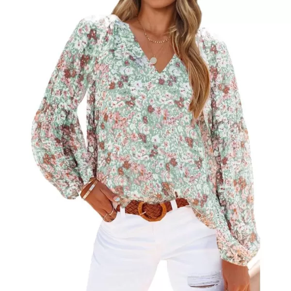imageBTFBM Women Casual Boho Blouse Fashion Floral Shirts V Neck Long Puff Sleeve Lightweight Chiffon Spring Summer Tops 2024Floral Green
