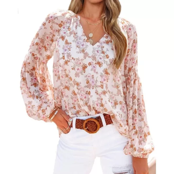 imageBTFBM Women Casual Boho Blouse Fashion Floral Shirts V Neck Long Puff Sleeve Lightweight Chiffon Spring Summer Tops 2024Floral White