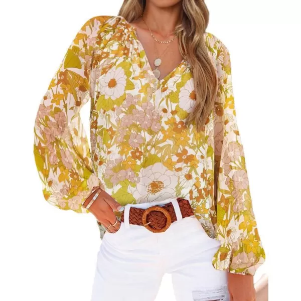 imageBTFBM Women Casual Boho Blouse Fashion Floral Shirts V Neck Long Puff Sleeve Lightweight Chiffon Spring Summer Tops 2024Floral Yellow