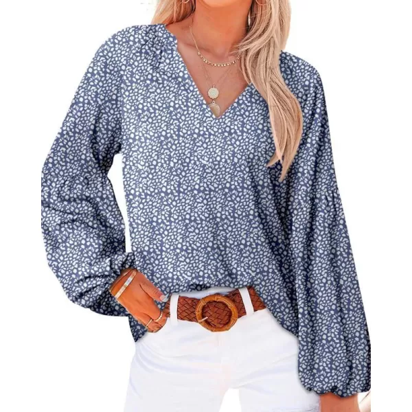 imageBTFBM Women Casual Boho Blouse Fashion Floral Shirts V Neck Long Puff Sleeve Lightweight Chiffon Spring Summer Tops 2024Leopard Dark Blue