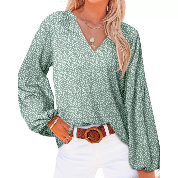 imageBTFBM Women Casual Boho Blouse Fashion Floral Shirts V Neck Long Puff Sleeve Lightweight Chiffon Spring Summer Tops 2024Leopard Green