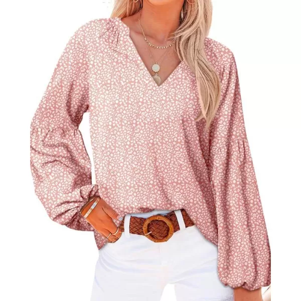 imageBTFBM Women Casual Boho Blouse Fashion Floral Shirts V Neck Long Puff Sleeve Lightweight Chiffon Spring Summer Tops 2024Leopard Pink