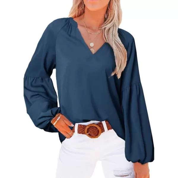 imageBTFBM Women Casual Boho Blouse Fashion Floral Shirts V Neck Long Puff Sleeve Lightweight Chiffon Spring Summer Tops 2024Solid Blue
