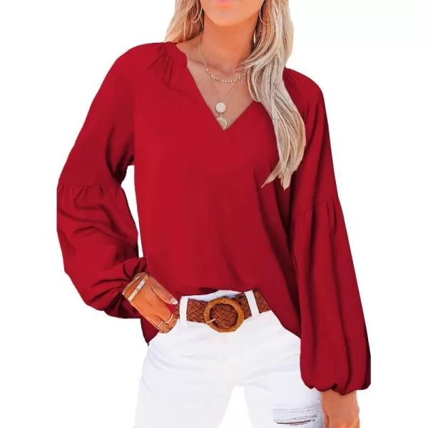 imageBTFBM Women Casual Boho Blouse Fashion Floral Shirts V Neck Long Puff Sleeve Lightweight Chiffon Spring Summer Tops 2024Solid Red