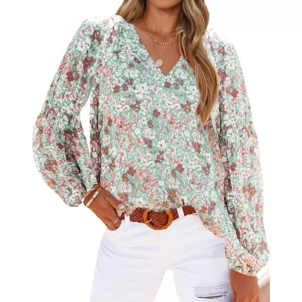 imageBTFBM Women Casual Boho Floral Blouse Shirts V Neck Long Puff Sleeve Lightweight Chiffon Spring Summer Fashion 2023 TopsFloral Green