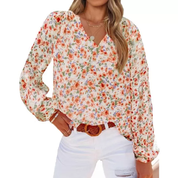 imageBTFBM Women Casual Boho Floral Blouse Shirts V Neck Long Puff Sleeve Lightweight Chiffon Spring Summer Fashion 2023 TopsFloral Orange