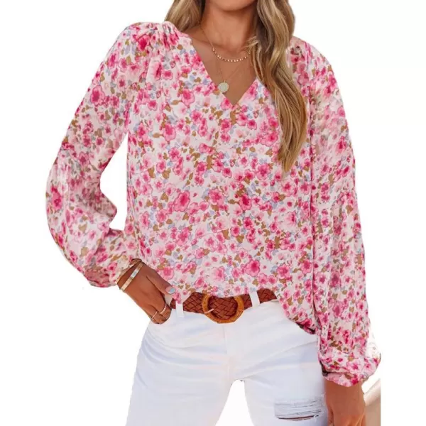 imageBTFBM Women Casual Boho Floral Blouse Shirts V Neck Long Puff Sleeve Lightweight Chiffon Spring Summer Fashion 2023 TopsFloral Red