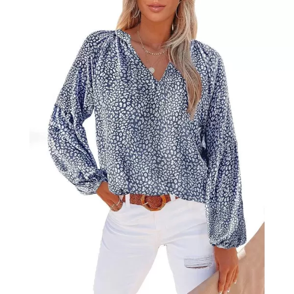 imageBTFBM Women Casual Boho Floral Blouse Shirts V Neck Long Puff Sleeve Lightweight Chiffon Spring Summer Fashion 2023 TopsLeopard Dark Blue