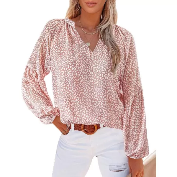 imageBTFBM Women Casual Boho Floral Blouse Shirts V Neck Long Puff Sleeve Lightweight Chiffon Spring Summer Fashion 2023 TopsLeopard Pink