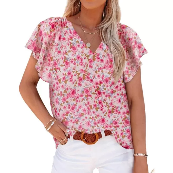 imageBTFBM Women Casual Boho Floral Blouse Shirts V Neck Long Puff Sleeve Lightweight Chiffon Spring Summer Fashion 2023 TopsShort Floral Red