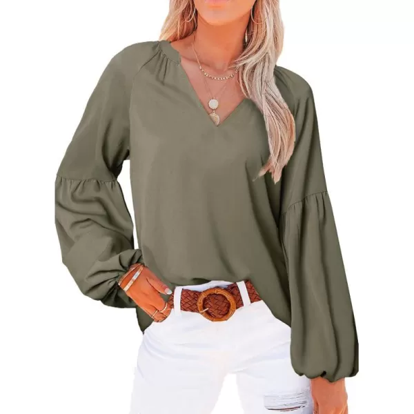 imageBTFBM Women Casual Boho Floral Blouse Shirts V Neck Long Puff Sleeve Lightweight Chiffon Spring Summer Fashion 2023 TopsSolid Army Green