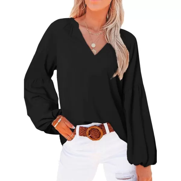 imageBTFBM Women Casual Boho Floral Blouse Shirts V Neck Long Puff Sleeve Lightweight Chiffon Spring Summer Fashion 2023 TopsSolid Black
