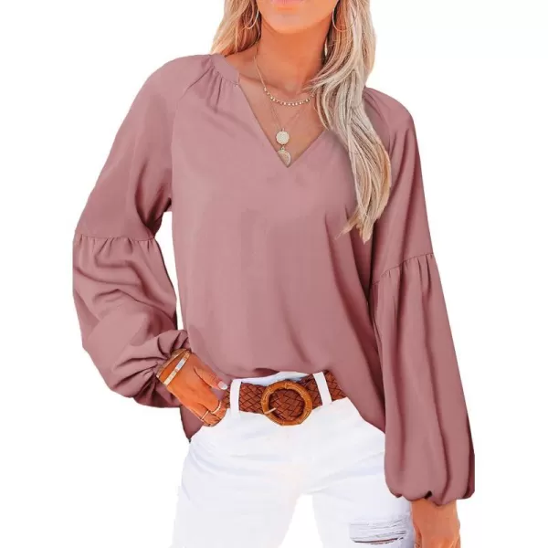 imageBTFBM Women Casual Boho Floral Blouse Shirts V Neck Long Puff Sleeve Lightweight Chiffon Spring Summer Fashion 2023 TopsSolid Dark Pink