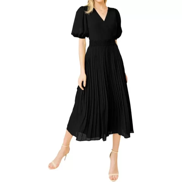 imageBTFBM Women Casual Dresses 2023 Summer Boho Wrap V Neck Puff Short Sleeve Beach Party Flowy Pleated ALine Maxi DressSolid Black