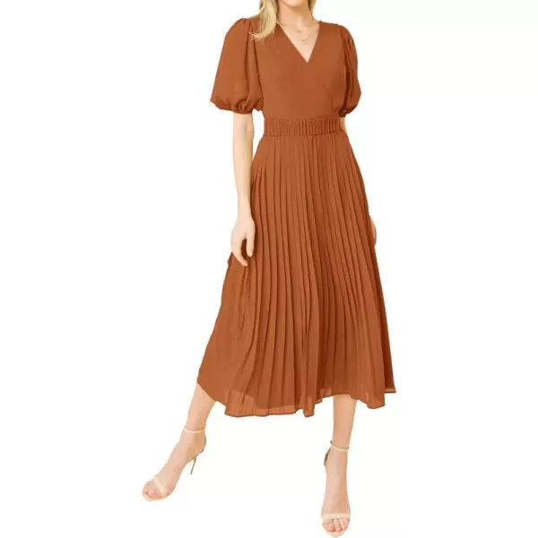imageBTFBM Women Casual Dresses 2023 Summer Boho Wrap V Neck Puff Short Sleeve Beach Party Flowy Pleated ALine Maxi DressSolid Brick Red