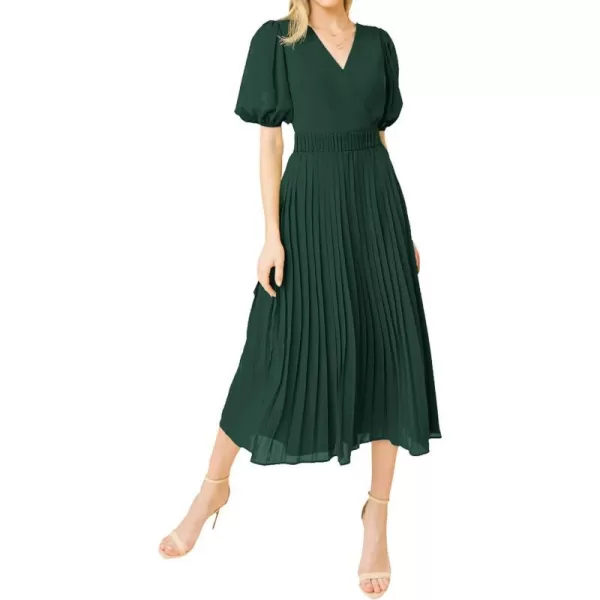 imageBTFBM Women Casual Dresses 2023 Summer Boho Wrap V Neck Puff Short Sleeve Beach Party Flowy Pleated ALine Maxi DressSolid Dark Green