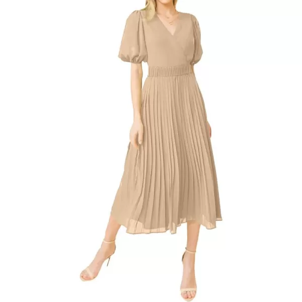 imageBTFBM Women Casual Dresses 2023 Summer Boho Wrap V Neck Puff Short Sleeve Beach Party Flowy Pleated ALine Maxi DressSolid Khaki