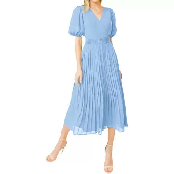 imageBTFBM Women Casual Dresses 2023 Summer Boho Wrap V Neck Puff Short Sleeve Beach Party Flowy Pleated ALine Maxi DressSolid Light Blue