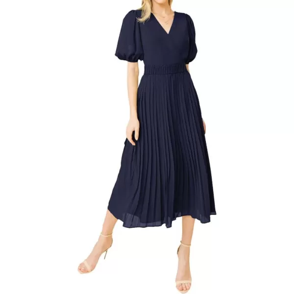 imageBTFBM Women Casual Dresses 2023 Summer Boho Wrap V Neck Puff Short Sleeve Beach Party Flowy Pleated ALine Maxi DressSolid Navy
