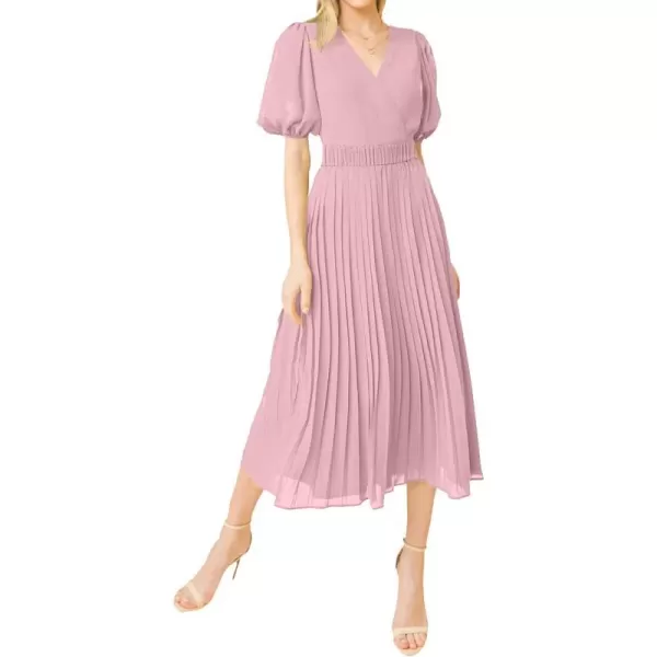 imageBTFBM Women Casual Dresses 2023 Summer Boho Wrap V Neck Puff Short Sleeve Beach Party Flowy Pleated ALine Maxi DressSolid Pink