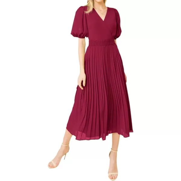 imageBTFBM Women Casual Dresses 2023 Summer Boho Wrap V Neck Puff Short Sleeve Beach Party Flowy Pleated ALine Maxi DressSolid Wine Red