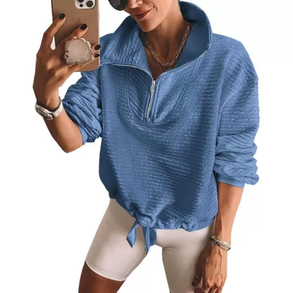 imageBTFBM Women Casual Half Zip Sweatshirts Lapel Drawstring Loose Long Sleeve Pullover 2023 Fall Winter Trendy Y2K ClothesSolid Blue