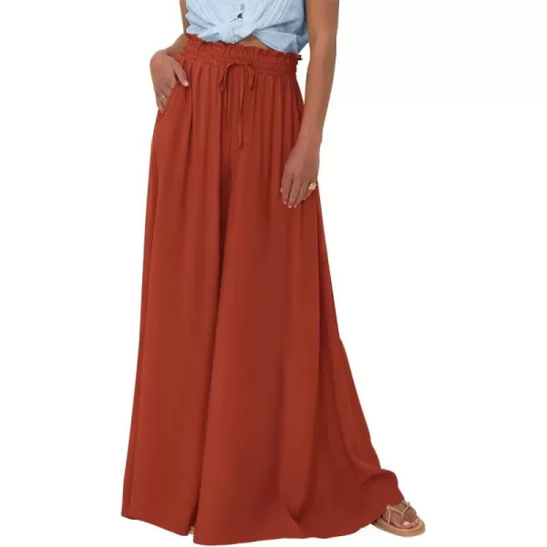 imageBTFBM Women Casual High Waist Wide Leg Pants Summer Floral Solid Long Palazzo Pants Lounge Beach Trousers with PocketSolid Brick Red