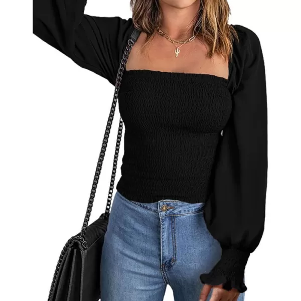 imageBTFBM Women Casual Long Sleeve Shirts Top 2023 Summer Fall Off Shoulder Tops Square Neck Floral Boho Smocked BlousesSolid Black