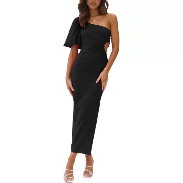 imageBTFBM Women Casual One Shoulder Maxi Dress Puff Short Sleeve Cutout Split Party Wedding Guest 2023 Summer Beach DressesSolid Black