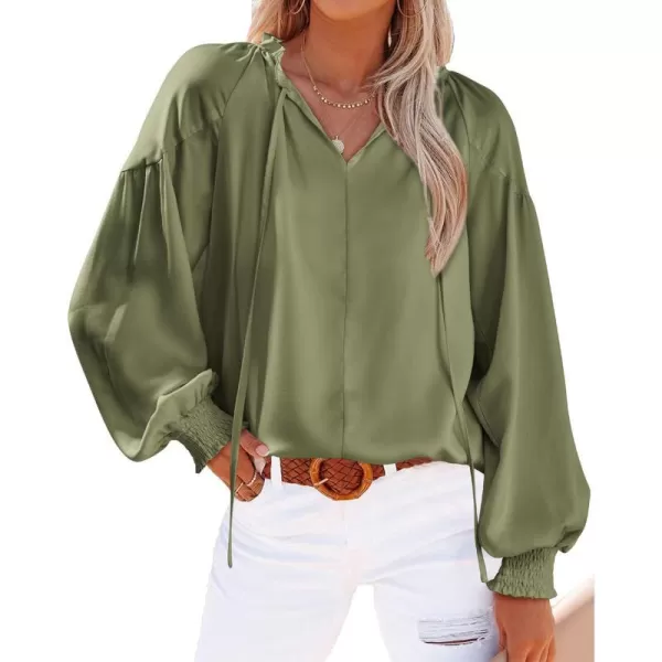 imageBTFBM Women Casual Satin Blouse Shirts Tie V Neck Long Lantern Sleeve Loose Lightweight Fashion 2023 Summer Spring TopsSolid Army Green