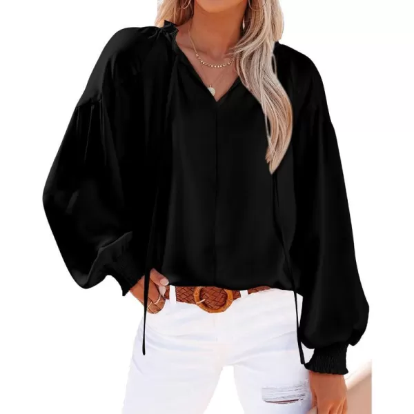 imageBTFBM Women Casual Satin Blouse Shirts Tie V Neck Long Lantern Sleeve Loose Lightweight Fashion 2023 Summer Spring TopsSolid Black