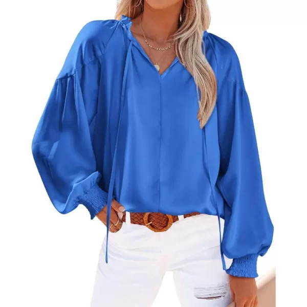 imageBTFBM Women Casual Satin Blouse Shirts Tie V Neck Long Lantern Sleeve Loose Lightweight Fashion 2023 Summer Spring TopsSolid Blue