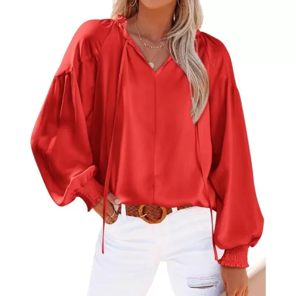 imageBTFBM Women Casual Satin Blouse Shirts Tie V Neck Long Lantern Sleeve Loose Lightweight Fashion 2023 Summer Spring TopsSolid Red