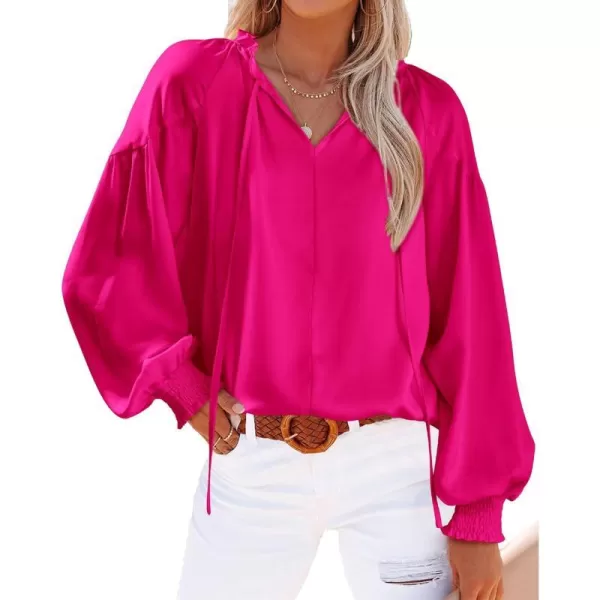 imageBTFBM Women Casual Satin Blouse Shirts Tie V Neck Long Lantern Sleeve Loose Lightweight Fashion 2023 Summer Spring TopsSolid Rose Red