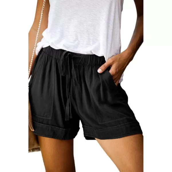 imageBTFBM Women Casual Shorts Plain Solid Color Elastic Waist Drawstring Pockets Summer Beach Lightweight Short Lounge PantsBlack