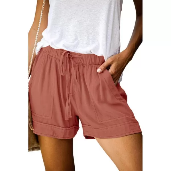 imageBTFBM Women Casual Shorts Plain Solid Color Elastic Waist Drawstring Pockets Summer Beach Lightweight Short Lounge PantsPink
