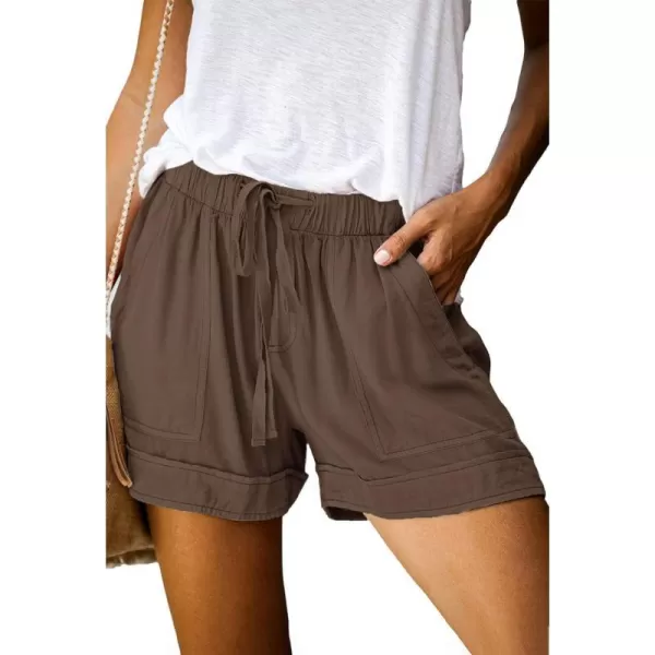 imageBTFBM Women Casual Shorts Plain Solid Color Elastic Waist Drawstring Pockets Summer Beach Lightweight Short Lounge PantsSolid Brown