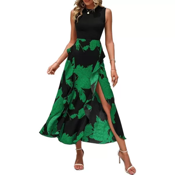 imageBTFBM Women Casual Sleeveless Summer Dresses 2023 Spring Crewneck Patchwork Boho Floral Ruffle Cocktail Party Midi DressBig Floral Green