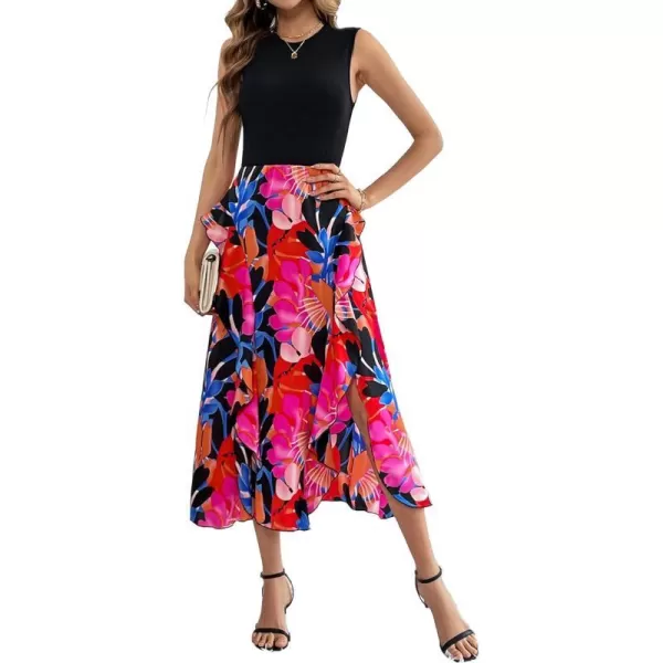 imageBTFBM Women Casual Sleeveless Summer Dresses 2023 Spring Crewneck Patchwork Boho Floral Ruffle Cocktail Party Midi DressBig Floral Multicolor