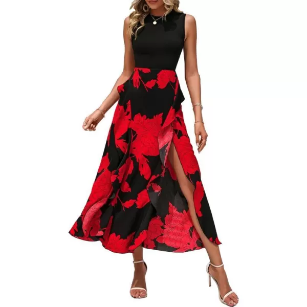 imageBTFBM Women Casual Sleeveless Summer Dresses 2023 Spring Crewneck Patchwork Boho Floral Ruffle Cocktail Party Midi DressBig Floral Red